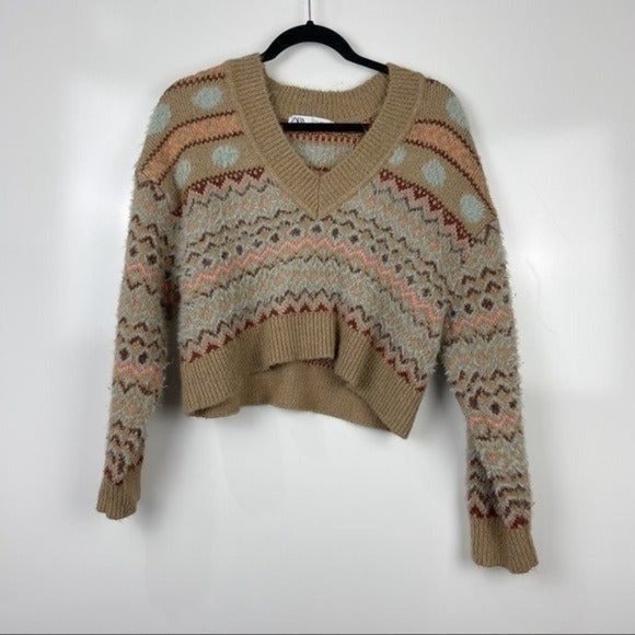 Zara Sweaters - Zara Jacquard Knit Wool Blend Cropped Sweater Size Small